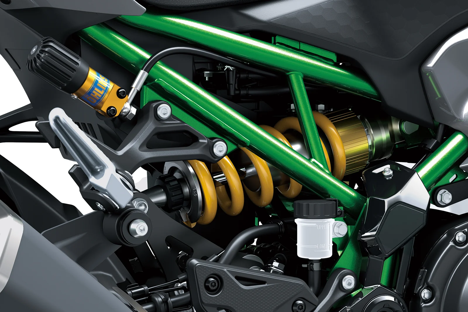 Öhlins achterschokbreker op het groene frame van een Kawasaki